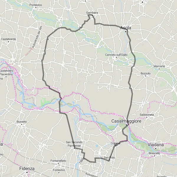 Miniatuurkaart van de fietsinspiratie "Grontardo en de Po-vallei" in Lombardia, Italy. Gemaakt door de Tarmacs.app fietsrouteplanner