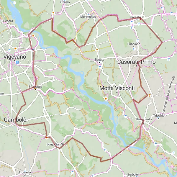 Mapa miniatúra "Gravel trasa cez Sforzesca a Bereguardo" cyklistická inšpirácia v Lombardia, Italy. Vygenerované cyklistickým plánovačom trás Tarmacs.app