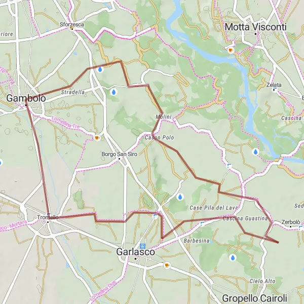 Miniaturní mapa "Okružní cyklotrasa z Gambolò" inspirace pro cyklisty v oblasti Lombardia, Italy. Vytvořeno pomocí plánovače tras Tarmacs.app