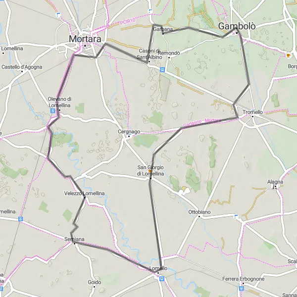 Miniatura della mappa di ispirazione al ciclismo "San Giorgio di Lomellina - Mortara" nella regione di Lombardia, Italy. Generata da Tarmacs.app, pianificatore di rotte ciclistiche