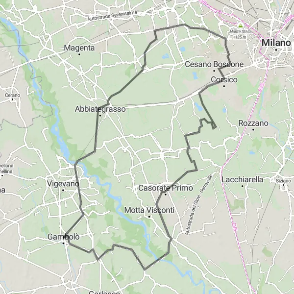 Mapa miniatúra "Jazda na ceste cez Albairate a Corsico" cyklistická inšpirácia v Lombardia, Italy. Vygenerované cyklistickým plánovačom trás Tarmacs.app