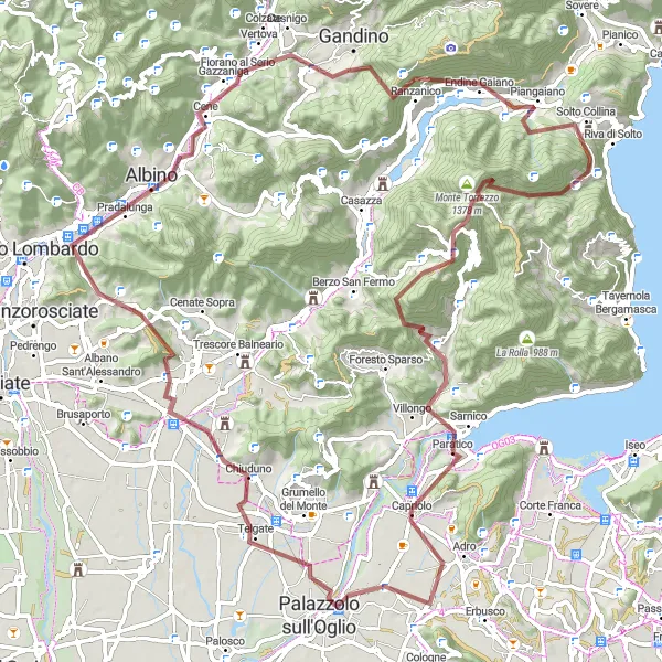 Map miniature of "Gravel Adventure in Ranzanico and Chiuduno" cycling inspiration in Lombardia, Italy. Generated by Tarmacs.app cycling route planner