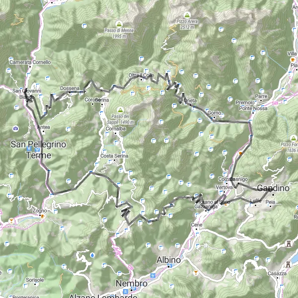 Map miniature of "Gandino and the Vibrant Valleys" cycling inspiration in Lombardia, Italy. Generated by Tarmacs.app cycling route planner