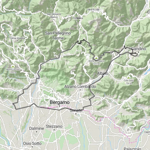 Miniatura della mappa di ispirazione al ciclismo "Gandino - Monte Beio - Roccolone - Casnigo - Gandino" nella regione di Lombardia, Italy. Generata da Tarmacs.app, pianificatore di rotte ciclistiche