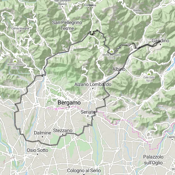 Map miniature of "Mountains and Valleys" cycling inspiration in Lombardia, Italy. Generated by Tarmacs.app cycling route planner
