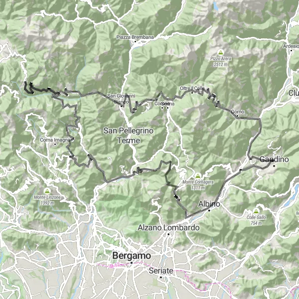 Mapa miniatúra "Okruh kolebnice z Gandina" cyklistická inšpirácia v Lombardia, Italy. Vygenerované cyklistickým plánovačom trás Tarmacs.app