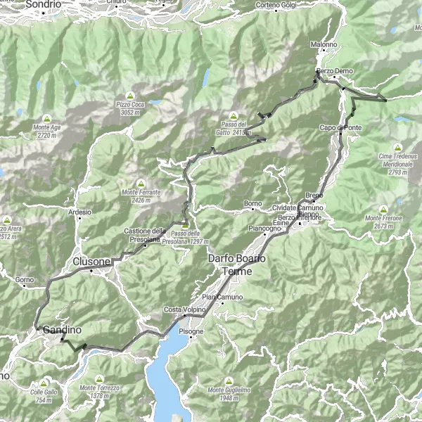 Map miniature of "Mountain Exploration - Gandino to Passo del Vivione" cycling inspiration in Lombardia, Italy. Generated by Tarmacs.app cycling route planner