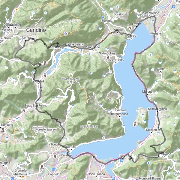 Mapa miniatúra "Scenic Riva-Bergamo Road Ride" cyklistická inšpirácia v Lombardia, Italy. Vygenerované cyklistickým plánovačom trás Tarmacs.app