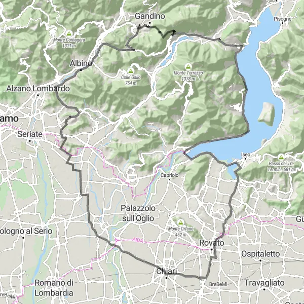 Miniatua del mapa de inspiración ciclista "Ruta en Bicicleta de Carretera alrededor de Gandino" en Lombardia, Italy. Generado por Tarmacs.app planificador de rutas ciclistas