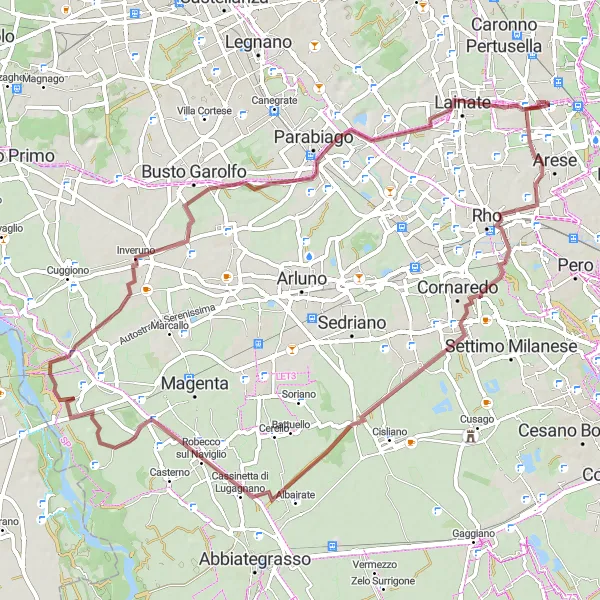 Miniatura della mappa di ispirazione al ciclismo "Giro in gravel da Garbagnate Milanese a Garbagnate Milanese attraverso Terrazzano e Cascina Riazzolo" nella regione di Lombardia, Italy. Generata da Tarmacs.app, pianificatore di rotte ciclistiche