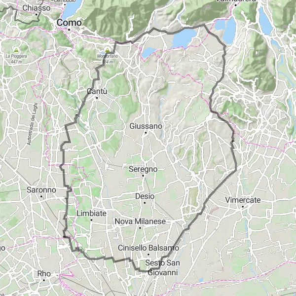 Miniatua del mapa de inspiración ciclista "Ruta en bicicleta de carretera por Montorfano y Arcore" en Lombardia, Italy. Generado por Tarmacs.app planificador de rutas ciclistas