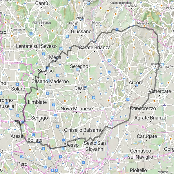 Miniaturní mapa "Okružní cyklistická trasa Seveso - Ospiate" inspirace pro cyklisty v oblasti Lombardia, Italy. Vytvořeno pomocí plánovače tras Tarmacs.app