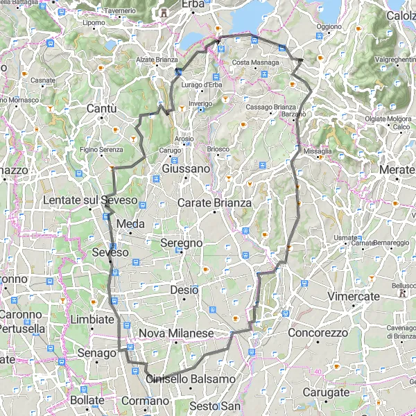 Map miniature of "Garbagnate Monastero to Barzanò Round-Trip" cycling inspiration in Lombardia, Italy. Generated by Tarmacs.app cycling route planner