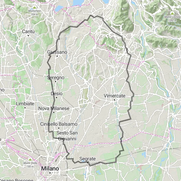 Miniatua del mapa de inspiración ciclista "Ruta de 102 km por carretera desde Garbagnate Monastero" en Lombardia, Italy. Generado por Tarmacs.app planificador de rutas ciclistas