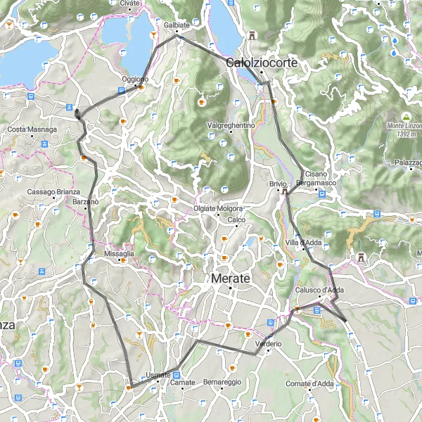 Map miniature of "Garbagnate Monastero to Poggio Stolegarda Round-Trip" cycling inspiration in Lombardia, Italy. Generated by Tarmacs.app cycling route planner