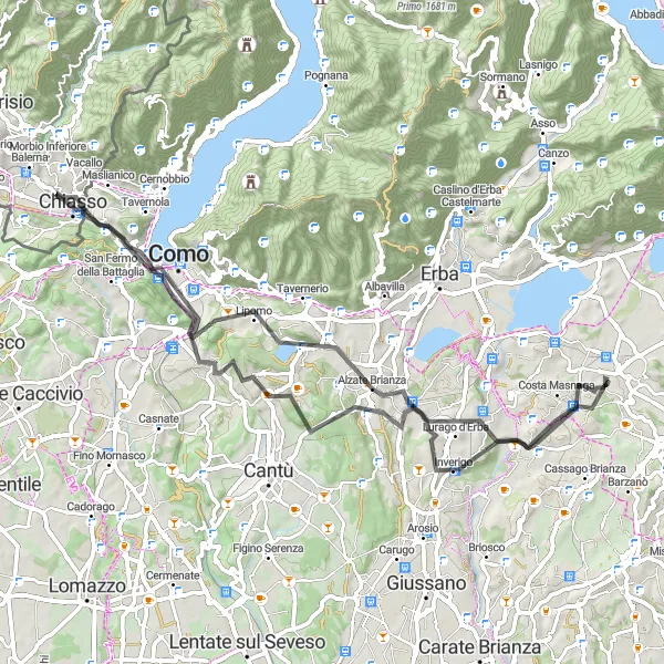 Miniatua del mapa de inspiración ciclista "Ruta de 67 km por carretera desde Garbagnate Monastero" en Lombardia, Italy. Generado por Tarmacs.app planificador de rutas ciclistas