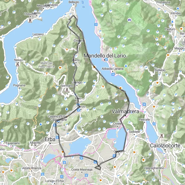 Mapa miniatúra "Road okruh cez Lago di Annone a Colle del Ghisallo" cyklistická inšpirácia v Lombardia, Italy. Vygenerované cyklistickým plánovačom trás Tarmacs.app