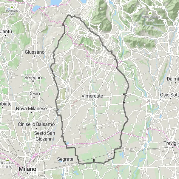 Miniatua del mapa de inspiración ciclista "Ruta en carretera cerca de Garbagnate Monastero" en Lombardia, Italy. Generado por Tarmacs.app planificador de rutas ciclistas