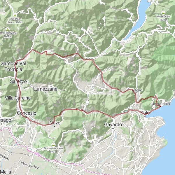 Miniaturní mapa "Gravelová okružní cyklistická trasa kolem Gardone Riviera" inspirace pro cyklisty v oblasti Lombardia, Italy. Vytvořeno pomocí plánovače tras Tarmacs.app