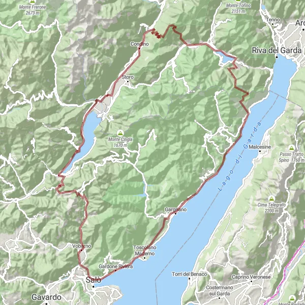 Zemljevid v pomanjšavi "Gardone Riviera - Villa Alba Gravel Adventure" kolesarske inspiracije v Lombardia, Italy. Generirano z načrtovalcem kolesarskih poti Tarmacs.app