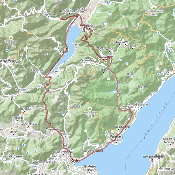 Kartminiatyr av "Episk grusvei rundtur rundt Gardone Riviera" sykkelinspirasjon i Lombardia, Italy. Generert av Tarmacs.app sykkelrutoplanlegger