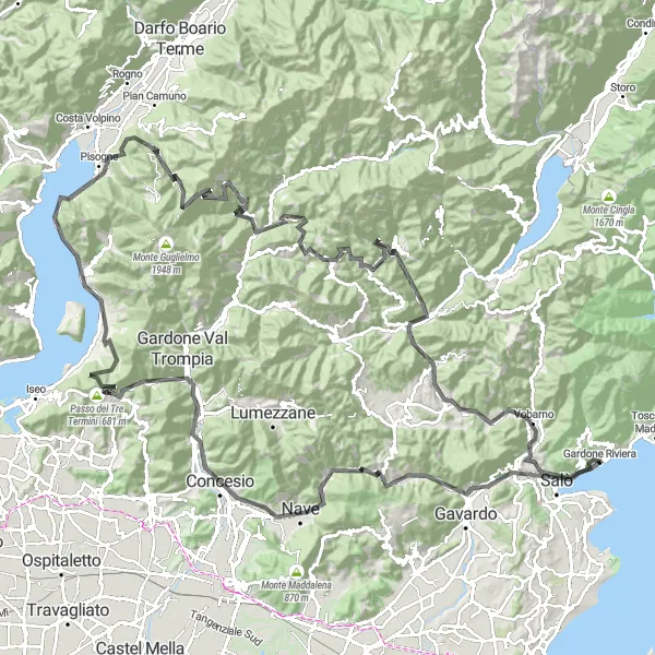 Miniaturní mapa "Okružní cyklistická trasa kolem Gardone Riviera" inspirace pro cyklisty v oblasti Lombardia, Italy. Vytvořeno pomocí plánovače tras Tarmacs.app