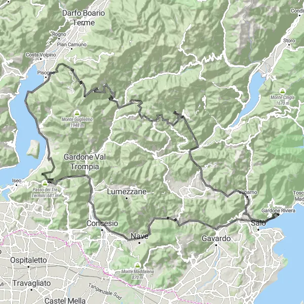 Miniature de la carte de l'inspiration cycliste "Parcours à Salò et au-delà" dans la Lombardia, Italy. Générée par le planificateur d'itinéraire cycliste Tarmacs.app