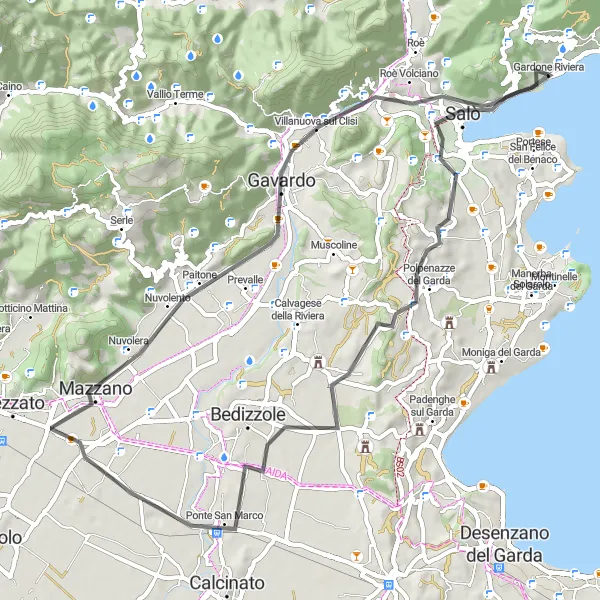Map miniature of "Puegnago del Garda and Ponte San Marco Loop" cycling inspiration in Lombardia, Italy. Generated by Tarmacs.app cycling route planner