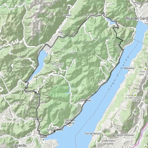 Map miniature of "Along the Shores of Lake Garda" cycling inspiration in Lombardia, Italy. Generated by Tarmacs.app cycling route planner