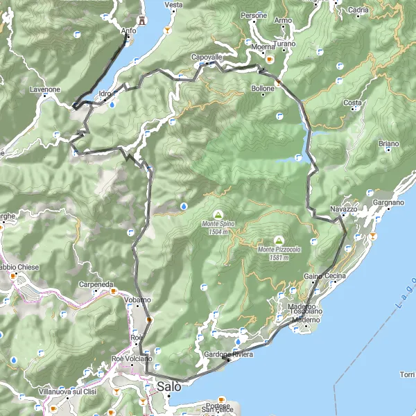 Zemljevid v pomanjšavi "Kolesarska pot okoli jezera Idro" kolesarske inspiracije v Lombardia, Italy. Generirano z načrtovalcem kolesarskih poti Tarmacs.app