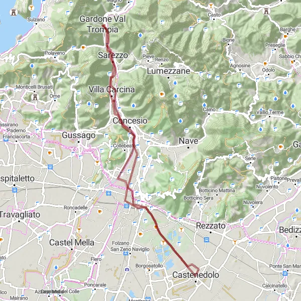 Miniatura della mappa di ispirazione al ciclismo "Tour attraverso Brescia e Castenedolo" nella regione di Lombardia, Italy. Generata da Tarmacs.app, pianificatore di rotte ciclistiche