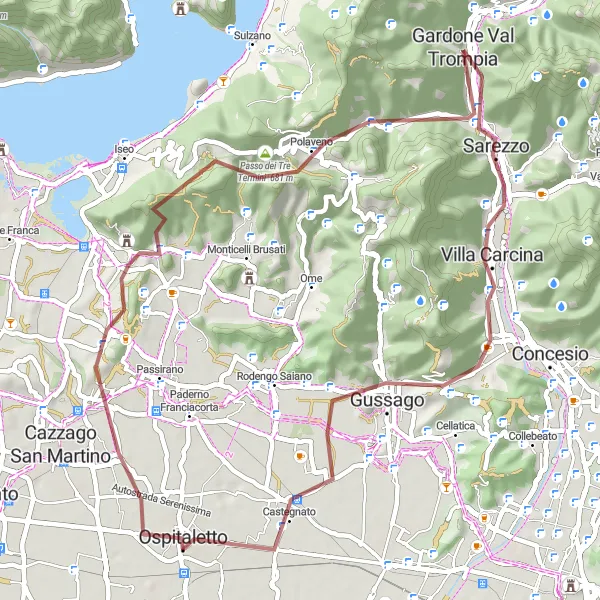 Miniatura della mappa di ispirazione al ciclismo "Escursione tra Sarezzo e Gardone Val Trompia" nella regione di Lombardia, Italy. Generata da Tarmacs.app, pianificatore di rotte ciclistiche