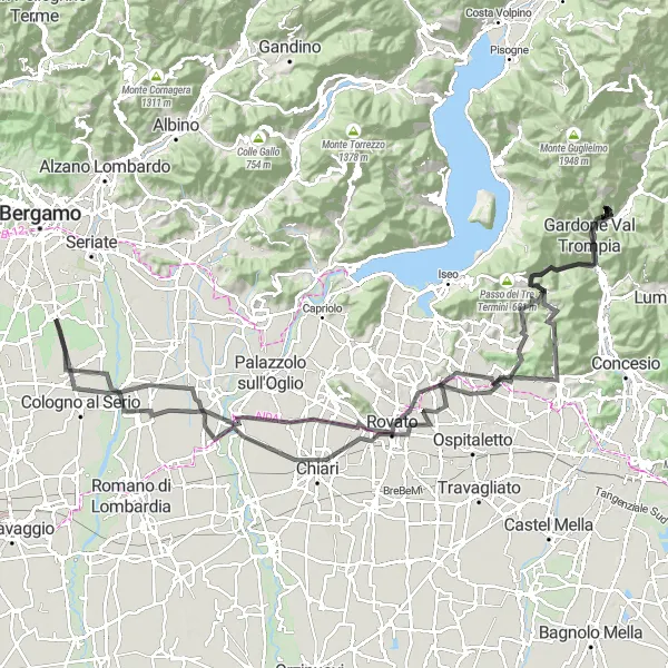 Miniatura della mappa di ispirazione al ciclismo "Colli Bresciani Road Tour" nella regione di Lombardia, Italy. Generata da Tarmacs.app, pianificatore di rotte ciclistiche