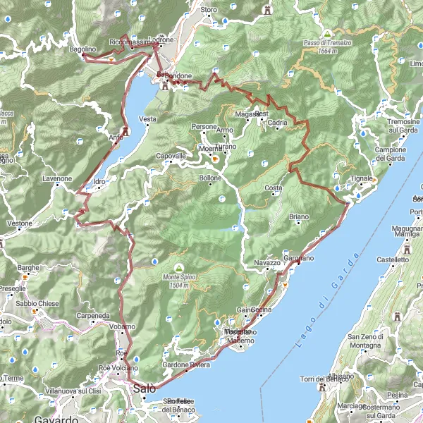 Miniatua del mapa de inspiración ciclista "Ruta de ciclismo de grava desde Gargnano a Piovere" en Lombardia, Italy. Generado por Tarmacs.app planificador de rutas ciclistas