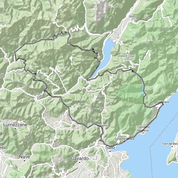 Miniatura della mappa di ispirazione al ciclismo "Gargnano - La Corna - Monte Bambol - Capanna Tita Secchi - Dosso Barata" nella regione di Lombardia, Italy. Generata da Tarmacs.app, pianificatore di rotte ciclistiche