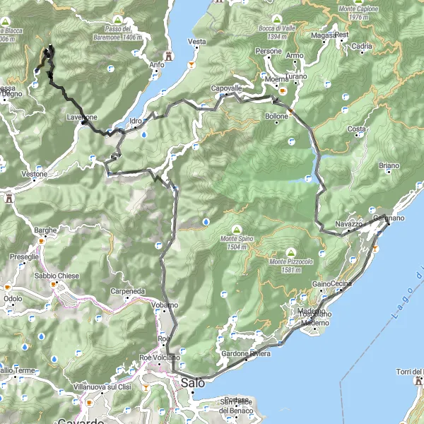 Karttaminiaatyyri "Gargnano - La Corna - Roè Volciano - Treviso Bresciano - Navazzo loop" pyöräilyinspiraatiosta alueella Lombardia, Italy. Luotu Tarmacs.app pyöräilyreittisuunnittelijalla