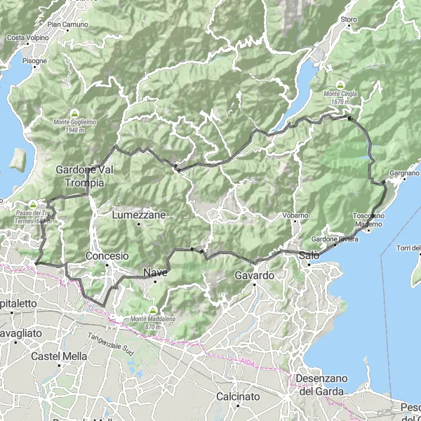 Miniature de la carte de l'inspiration cycliste "Montagne et villages pittoresques autour de Gargnano" dans la Lombardia, Italy. Générée par le planificateur d'itinéraire cycliste Tarmacs.app