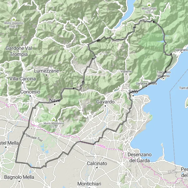 Zemljevid v pomanjšavi "Krožna cestna pot okoli Brescie" kolesarske inspiracije v Lombardia, Italy. Generirano z načrtovalcem kolesarskih poti Tarmacs.app