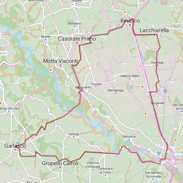Kartminiatyr av "Lang grusvei sykkeltur til Borgarello og tilbake" sykkelinspirasjon i Lombardia, Italy. Generert av Tarmacs.app sykkelrutoplanlegger
