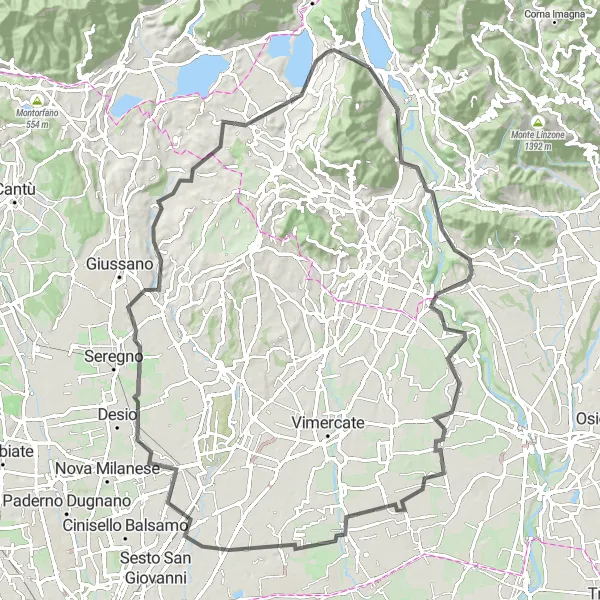 Miniatua del mapa de inspiración ciclista "Ruta de ciclismo de carretera por Villa d'Adda y Bulciago" en Lombardia, Italy. Generado por Tarmacs.app planificador de rutas ciclistas