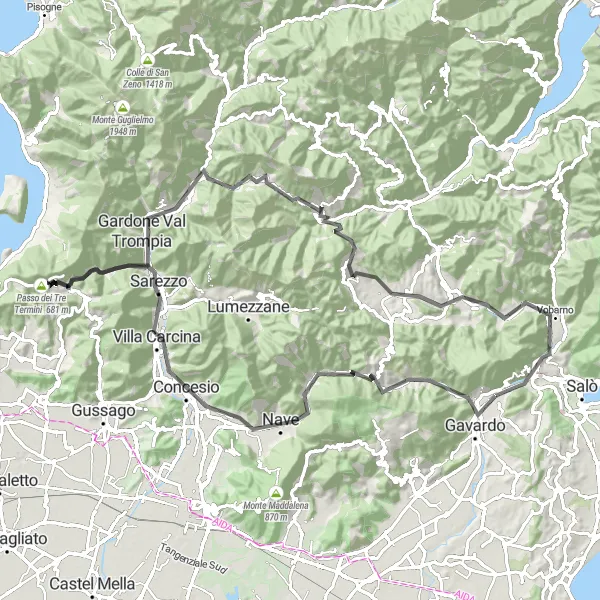 Map miniature of "Gavardo-Sopraponte and Monte Paina Road Escape" cycling inspiration in Lombardia, Italy. Generated by Tarmacs.app cycling route planner