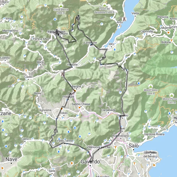 Zemljevid v pomanjšavi "Challenging Cycling Route near Gavardo-Sopraponte" kolesarske inspiracije v Lombardia, Italy. Generirano z načrtovalcem kolesarskih poti Tarmacs.app