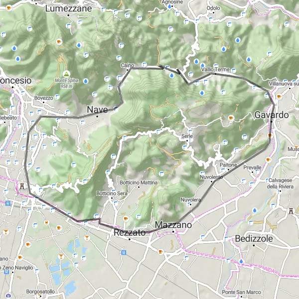 Miniaturní mapa "Road Gavardo-Monte Budellone Tour" inspirace pro cyklisty v oblasti Lombardia, Italy. Vytvořeno pomocí plánovače tras Tarmacs.app