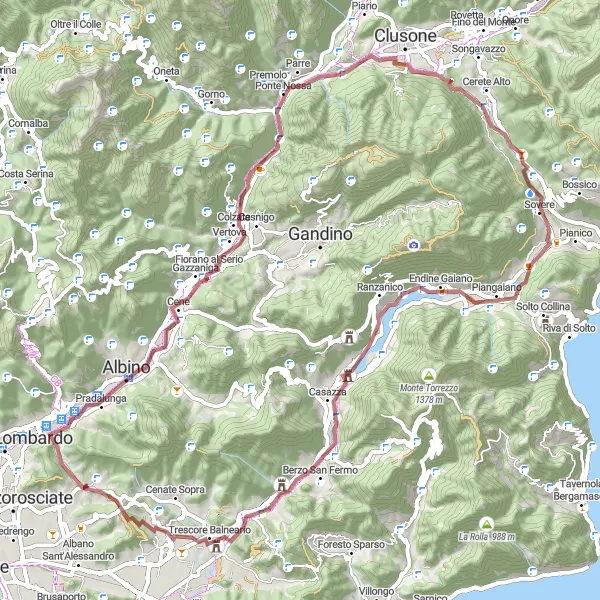 Karttaminiaatyyri "Gravel polulla Monte Cloca ja Monte Beur" pyöräilyinspiraatiosta alueella Lombardia, Italy. Luotu Tarmacs.app pyöräilyreittisuunnittelijalla