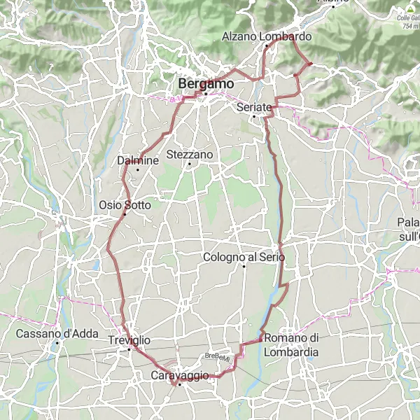 Miniatua del mapa de inspiración ciclista "Ruta de Grava Montecchio" en Lombardia, Italy. Generado por Tarmacs.app planificador de rutas ciclistas