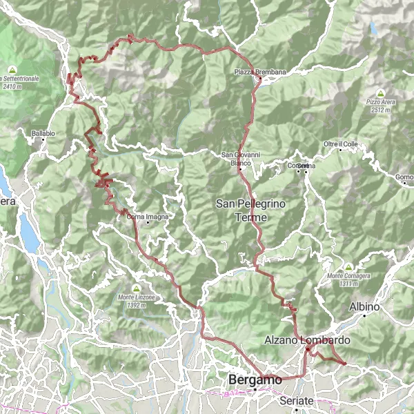 Karttaminiaatyyri "Gravel-reitti Monte Ubionesta Alzano Lombardoon" pyöräilyinspiraatiosta alueella Lombardia, Italy. Luotu Tarmacs.app pyöräilyreittisuunnittelijalla