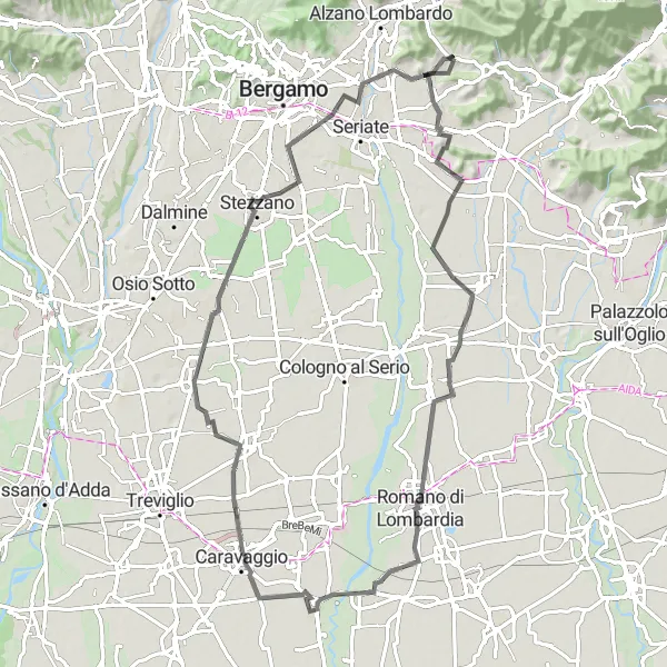 Mapa miniatúra "Road cycling od Albano Sant'Alessandro" cyklistická inšpirácia v Lombardia, Italy. Vygenerované cyklistickým plánovačom trás Tarmacs.app