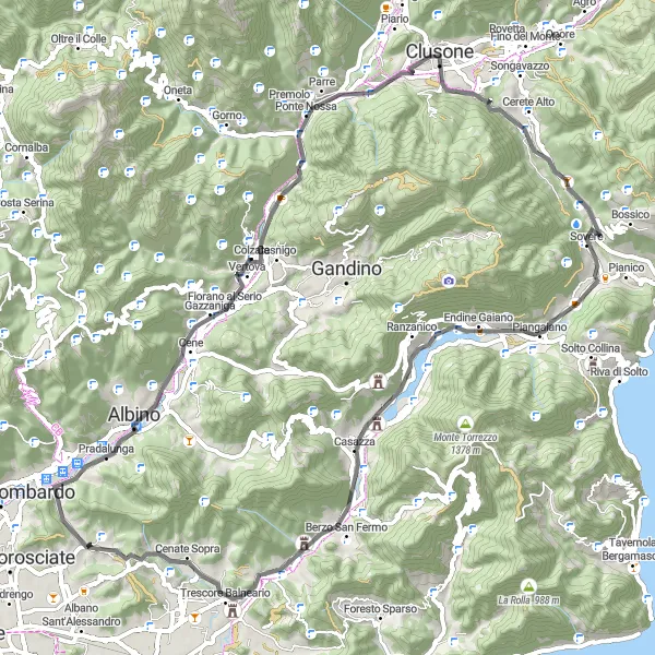 Miniatua del mapa de inspiración ciclista "Ruta en Carretera Casnigo y Clusone" en Lombardia, Italy. Generado por Tarmacs.app planificador de rutas ciclistas