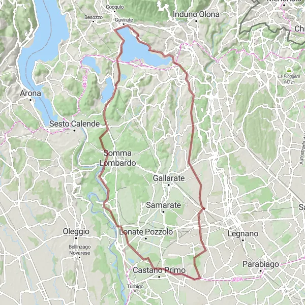 Map miniature of "Gravel Adventure along the Foci del Tinella" cycling inspiration in Lombardia, Italy. Generated by Tarmacs.app cycling route planner