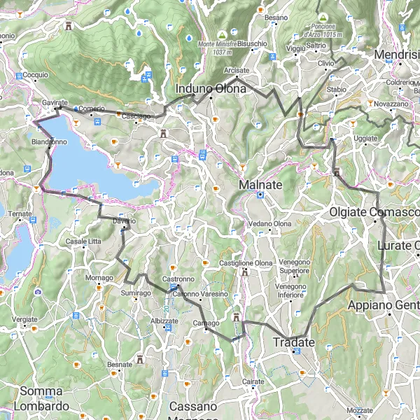 Miniatura della mappa di ispirazione al ciclismo "Giro intorno al Lago Varese" nella regione di Lombardia, Italy. Generata da Tarmacs.app, pianificatore di rotte ciclistiche